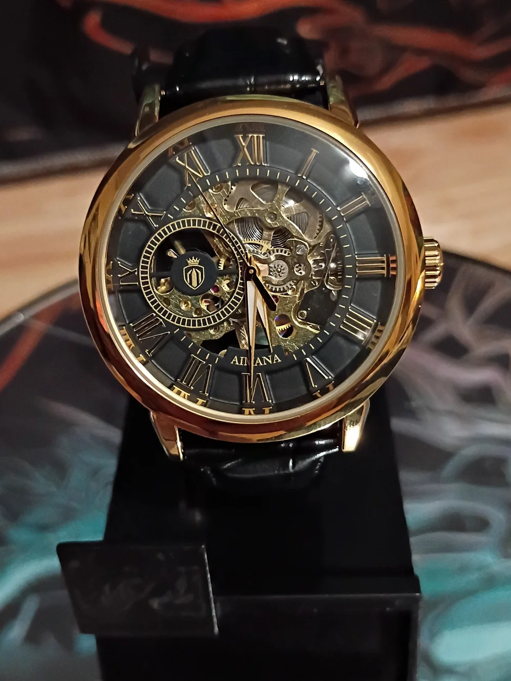 Men's Skeleton Mechanical Watch - Black & Gold